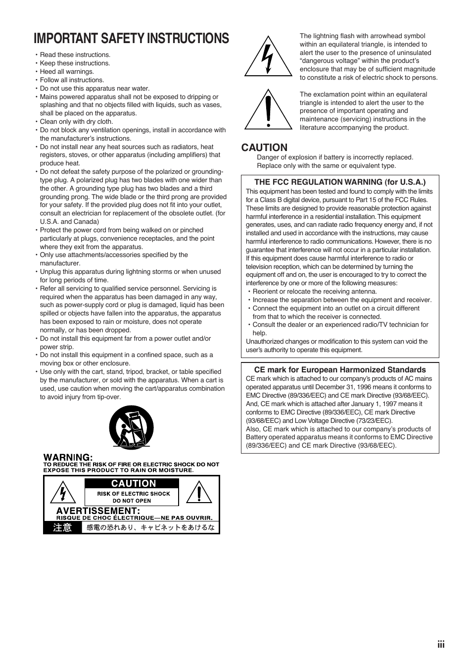 Important safety instructions, Caution | KORG OASYS musical instruments User Manual | Page 3 / 241