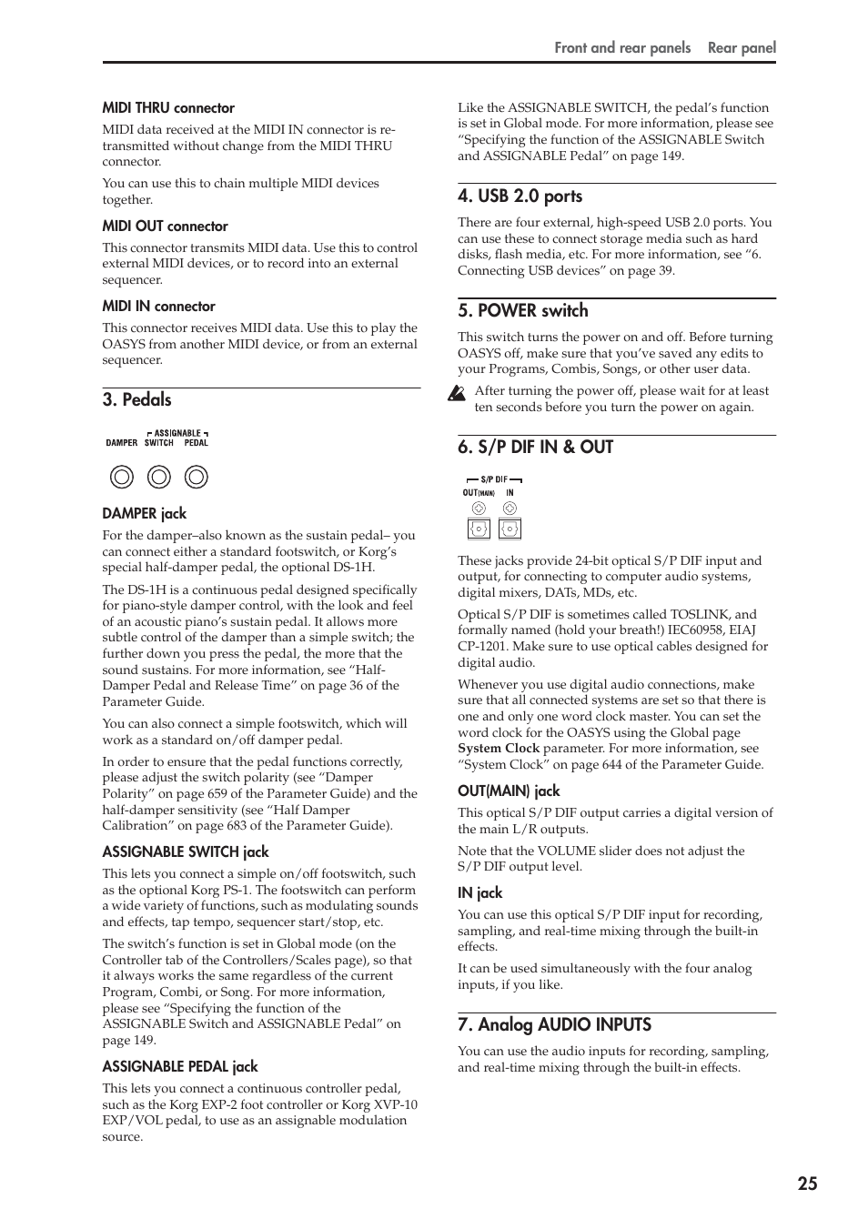 Pedals, Usb 2.0 ports, Power switch | S/p dif in & out, Analog audio inputs | KORG OASYS musical instruments User Manual | Page 33 / 241