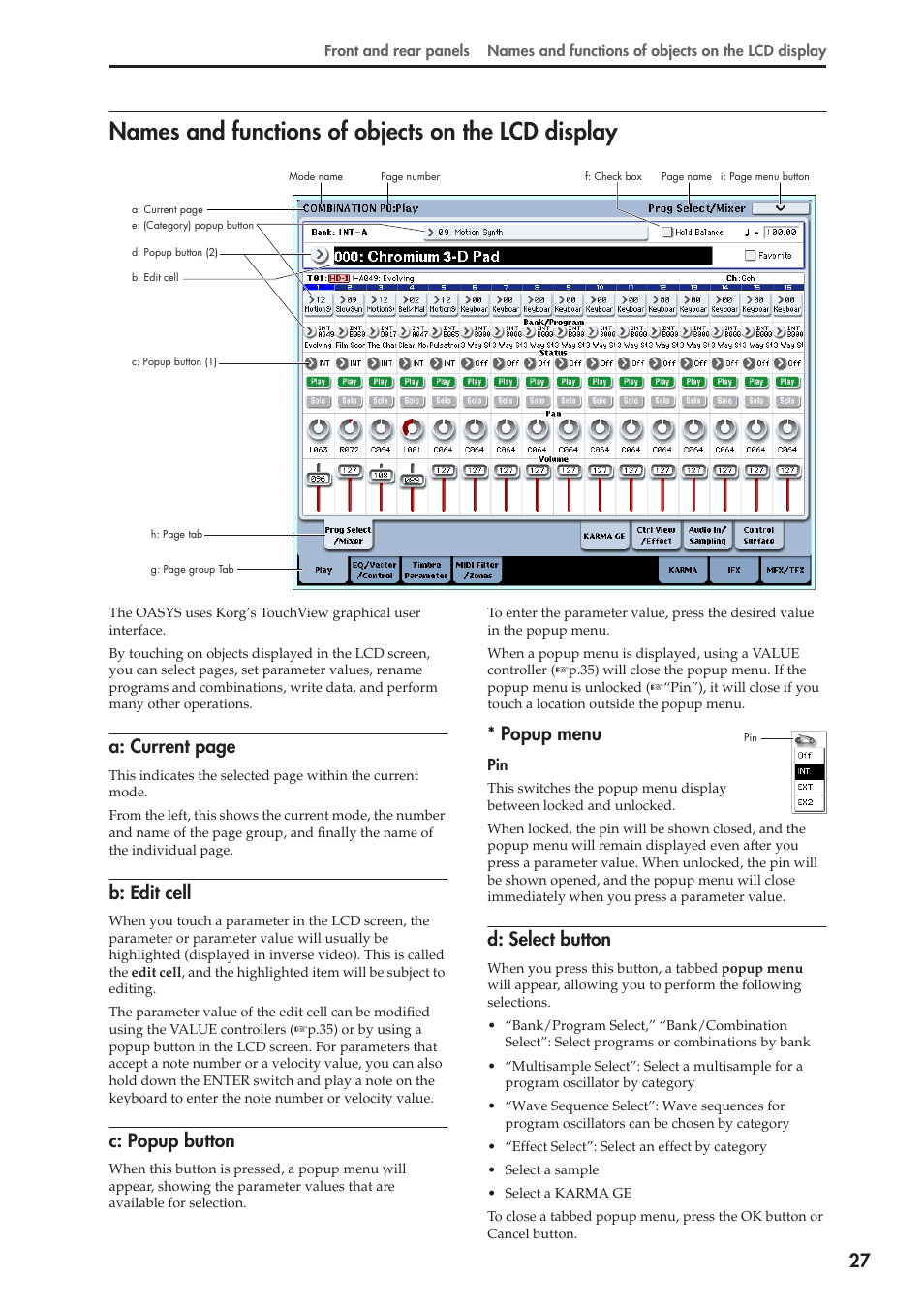 Names and functions of objects on the lcd display, A: current page, B: edit cell | C: popup button, Popup menu, D: select button | KORG OASYS musical instruments User Manual | Page 35 / 241