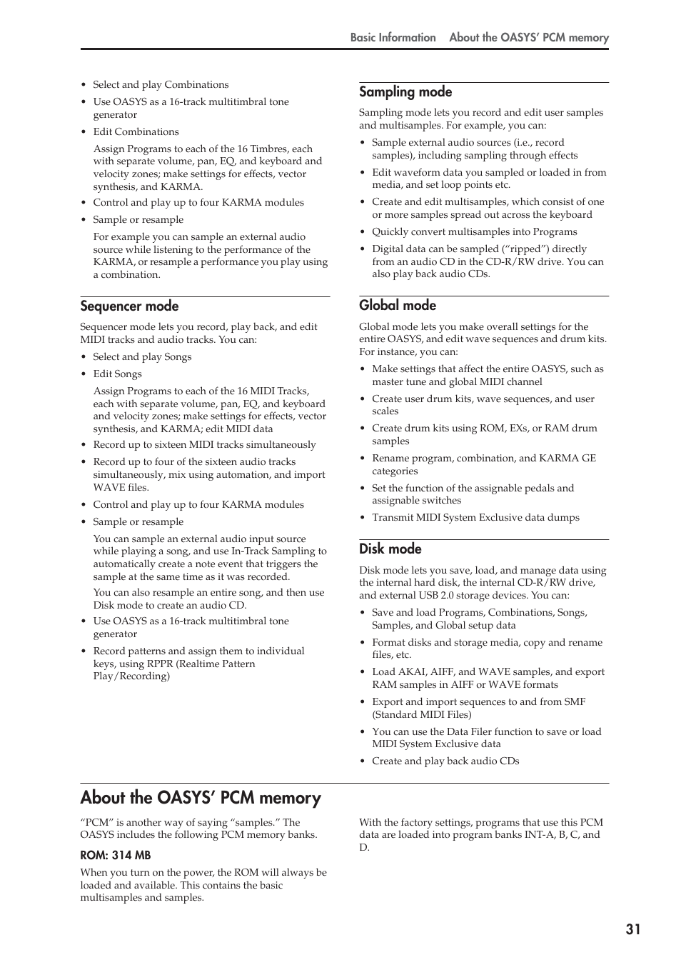 About the oasys' pcm memory, About the oasys’ pcm memory, Sequencer mode | Sampling mode, Global mode, Disk mode | KORG OASYS musical instruments User Manual | Page 39 / 241