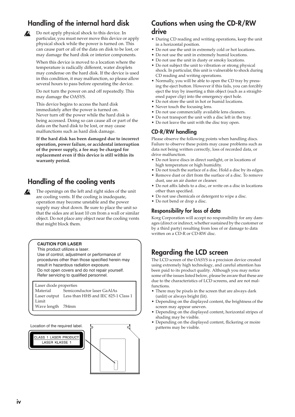 Handling of the internal hard disk, Handling of the cooling vents, Cautions when using the cd-r/rw drive | Regarding the lcd screen | KORG OASYS musical instruments User Manual | Page 4 / 241