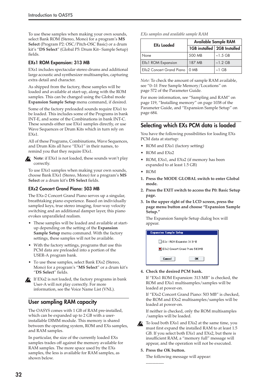 User sampling ram capacity, Selecting which exs pcm data is loaded | KORG OASYS musical instruments User Manual | Page 40 / 241