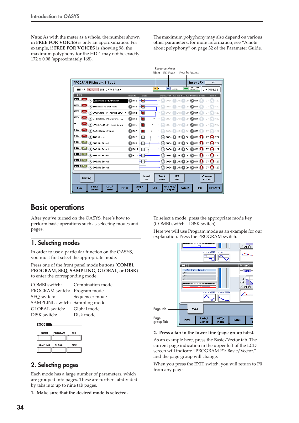 Basic operations, Selecting modes, Selecting pages | KORG OASYS musical instruments User Manual | Page 42 / 241