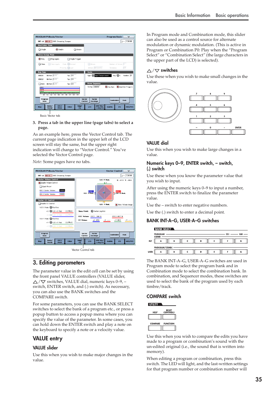 Editing parameters, Value entry | KORG OASYS musical instruments User Manual | Page 43 / 241