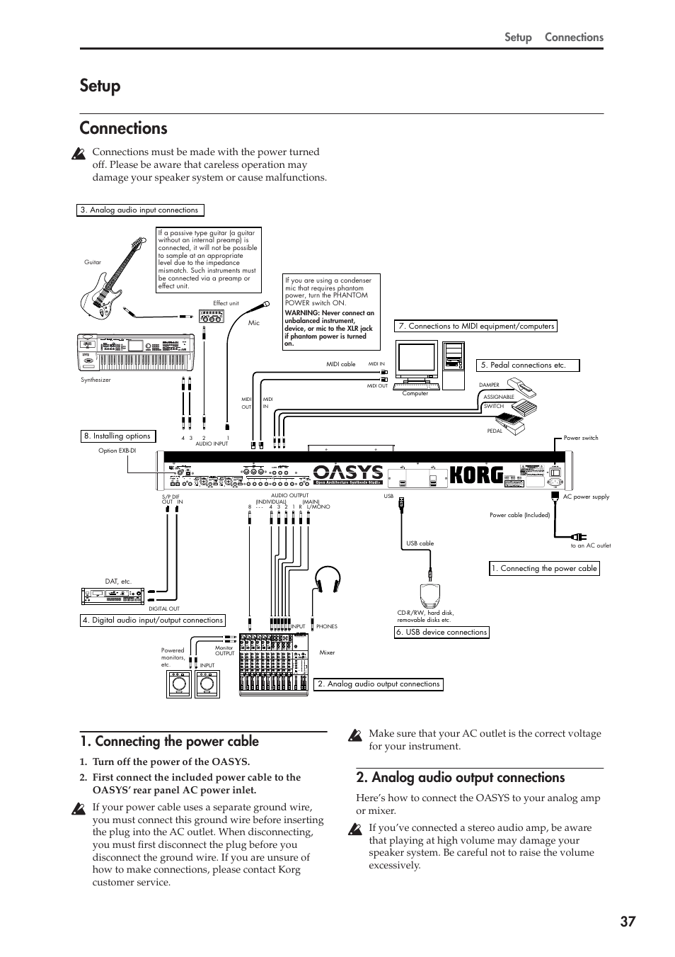 Setup, Connections, Setup connections | Connecting the power cable, Analog audio output connections | KORG OASYS musical instruments User Manual | Page 45 / 241