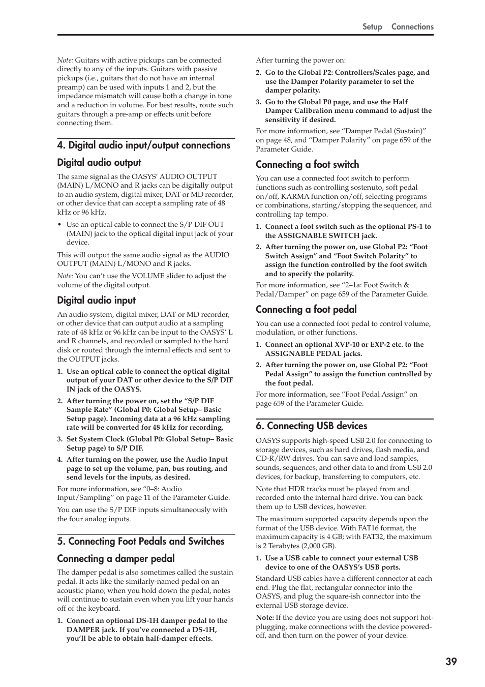 Digital audio input, Connecting a foot switch, Connecting a foot pedal | Connecting usb devices | KORG OASYS musical instruments User Manual | Page 47 / 241
