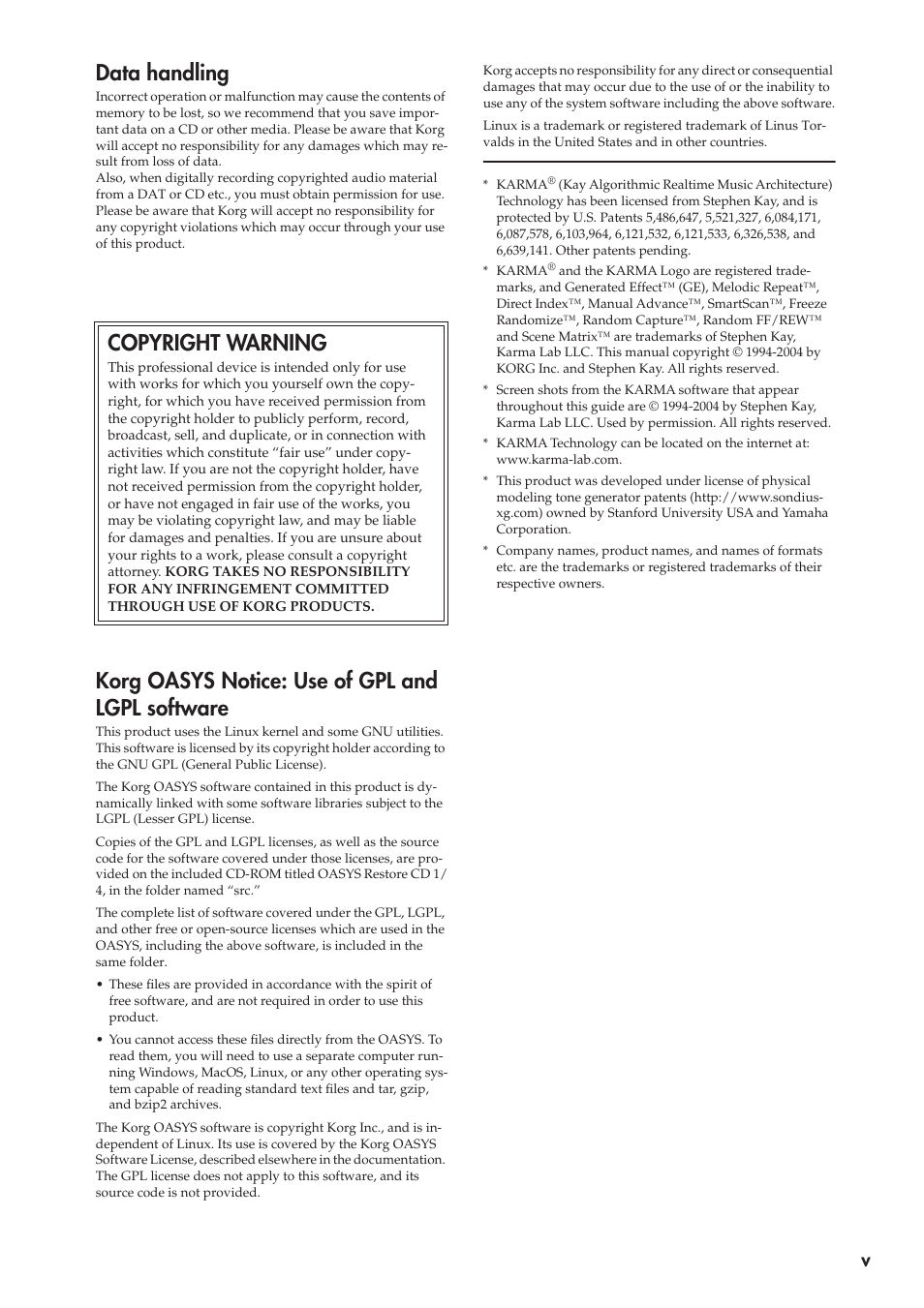 Data handling, Korg oasys notice: use of gpl and lgpl software, Copyright warning | KORG OASYS musical instruments User Manual | Page 5 / 241