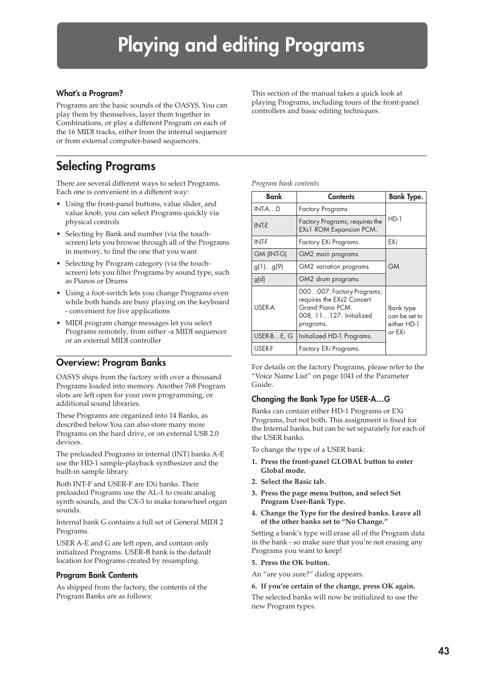 Playing and editing programs, Selecting programs, Overview: program banks | KORG OASYS musical instruments User Manual | Page 51 / 241