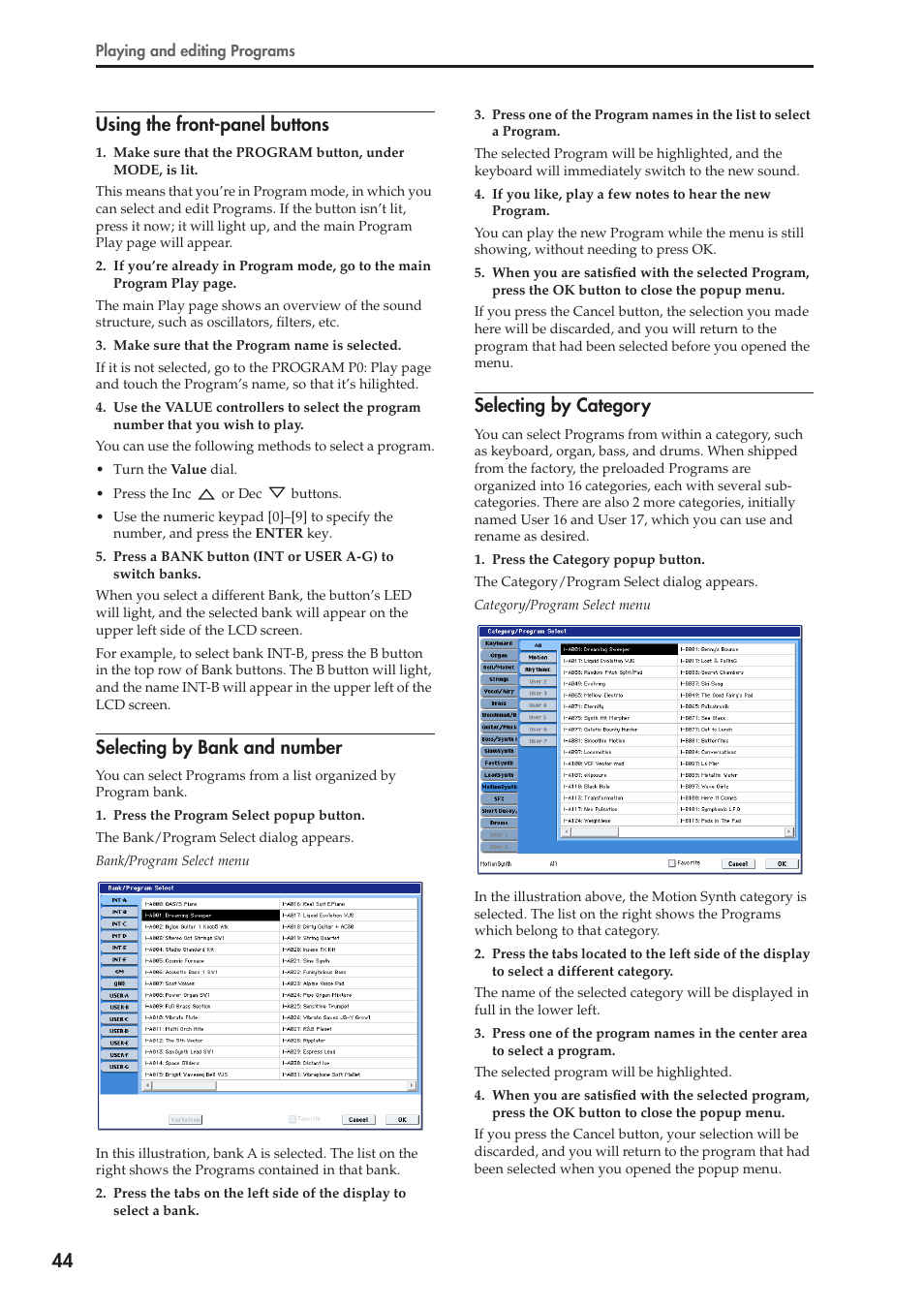 44 using the front-panel buttons, Selecting by bank and number, Selecting by category | KORG OASYS musical instruments User Manual | Page 52 / 241