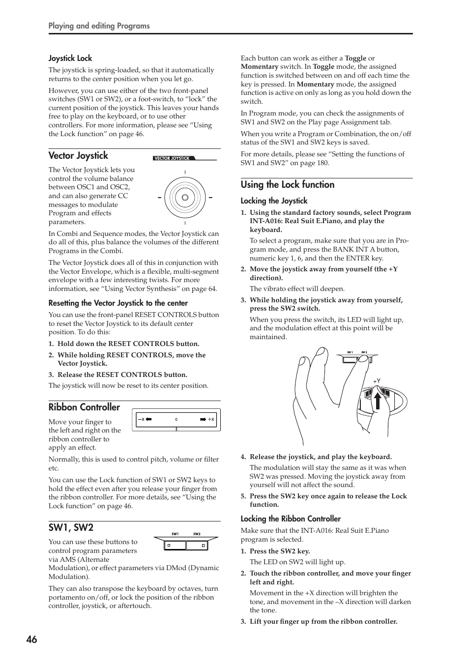 Vector joystick, Ribbon controller, Sw1, sw2 | Using the lock function | KORG OASYS musical instruments User Manual | Page 54 / 241