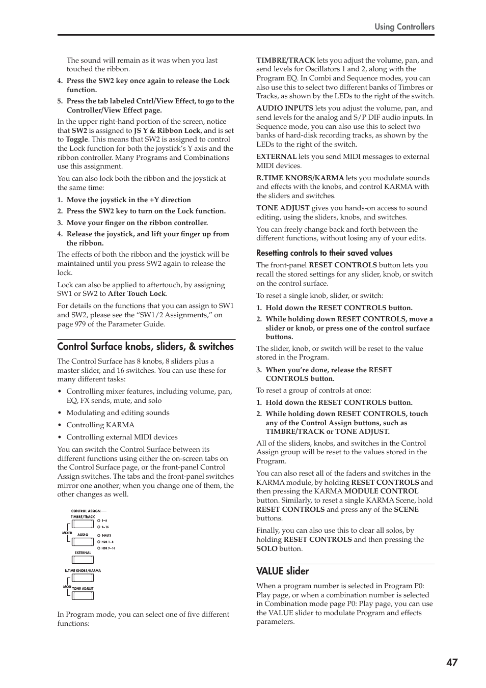 Control surface knobs, sliders, & switches, Value slider | KORG OASYS musical instruments User Manual | Page 55 / 241