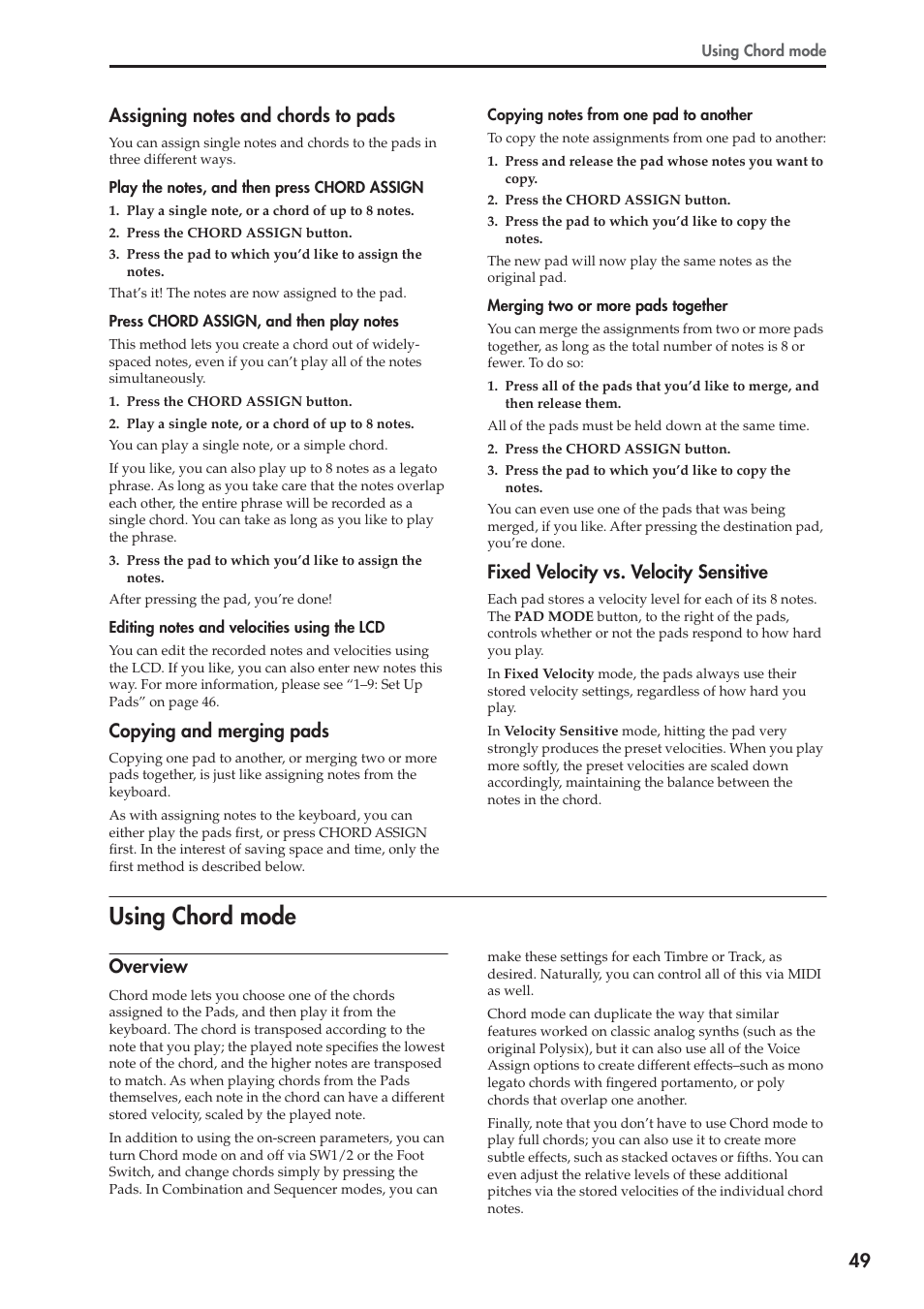 Using chord mode, Copying and merging pads, Fixed velocity vs. velocity sensitive | Overview | KORG OASYS musical instruments User Manual | Page 57 / 241