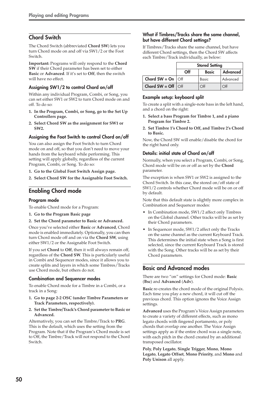 50 chord switch, Enabling chord mode, Basic and advanced modes | KORG OASYS musical instruments User Manual | Page 58 / 241