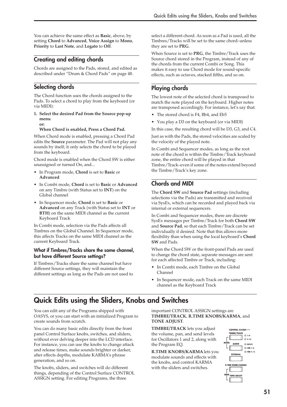 Quick edits using the sliders, knobs and switches, Creating and editing chords, Selecting chords | Playing chords, Chords and midi | KORG OASYS musical instruments User Manual | Page 59 / 241