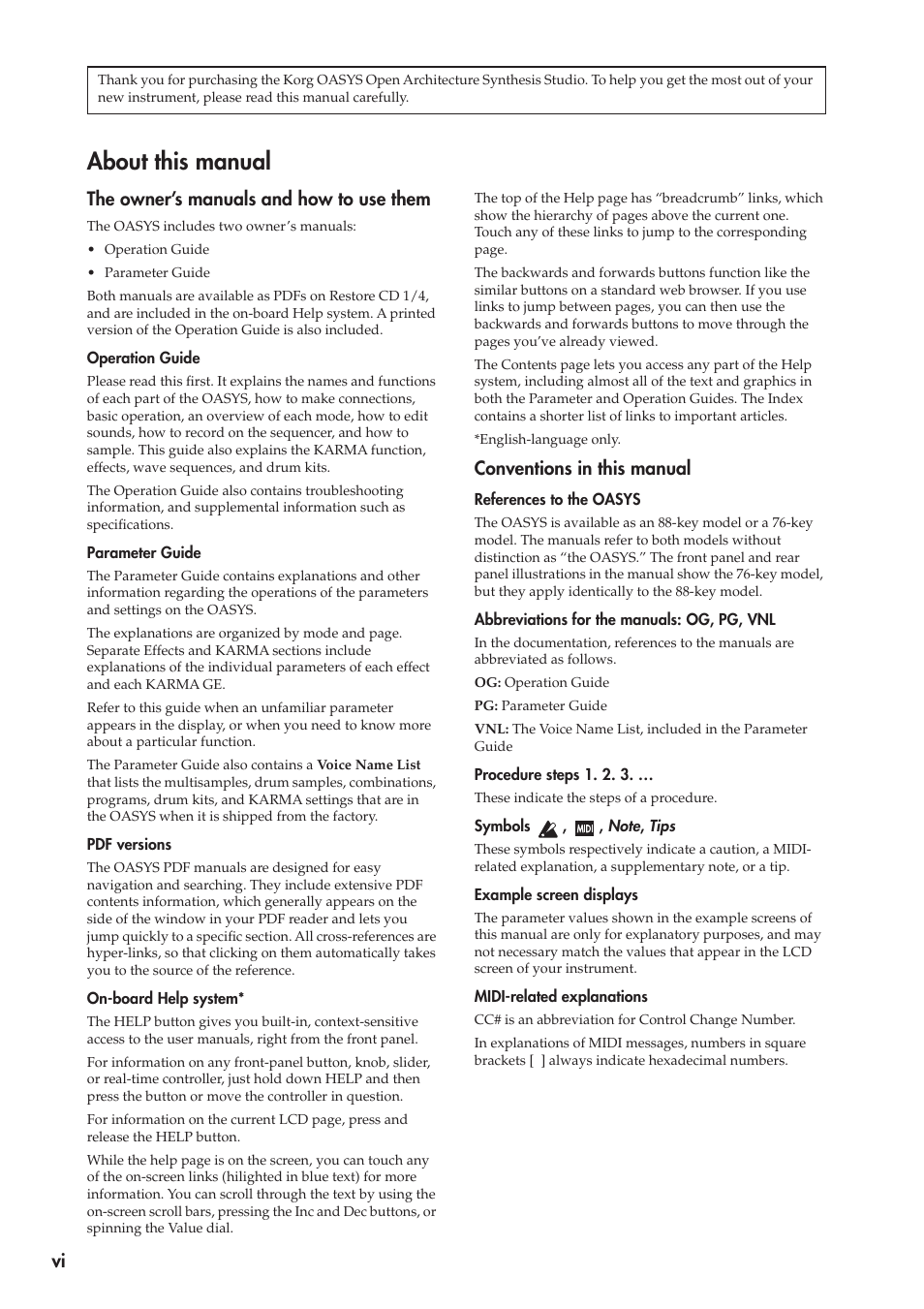 About this manual, The owner’s manuals and how to use them, Conventions in this manual | KORG OASYS musical instruments User Manual | Page 6 / 241