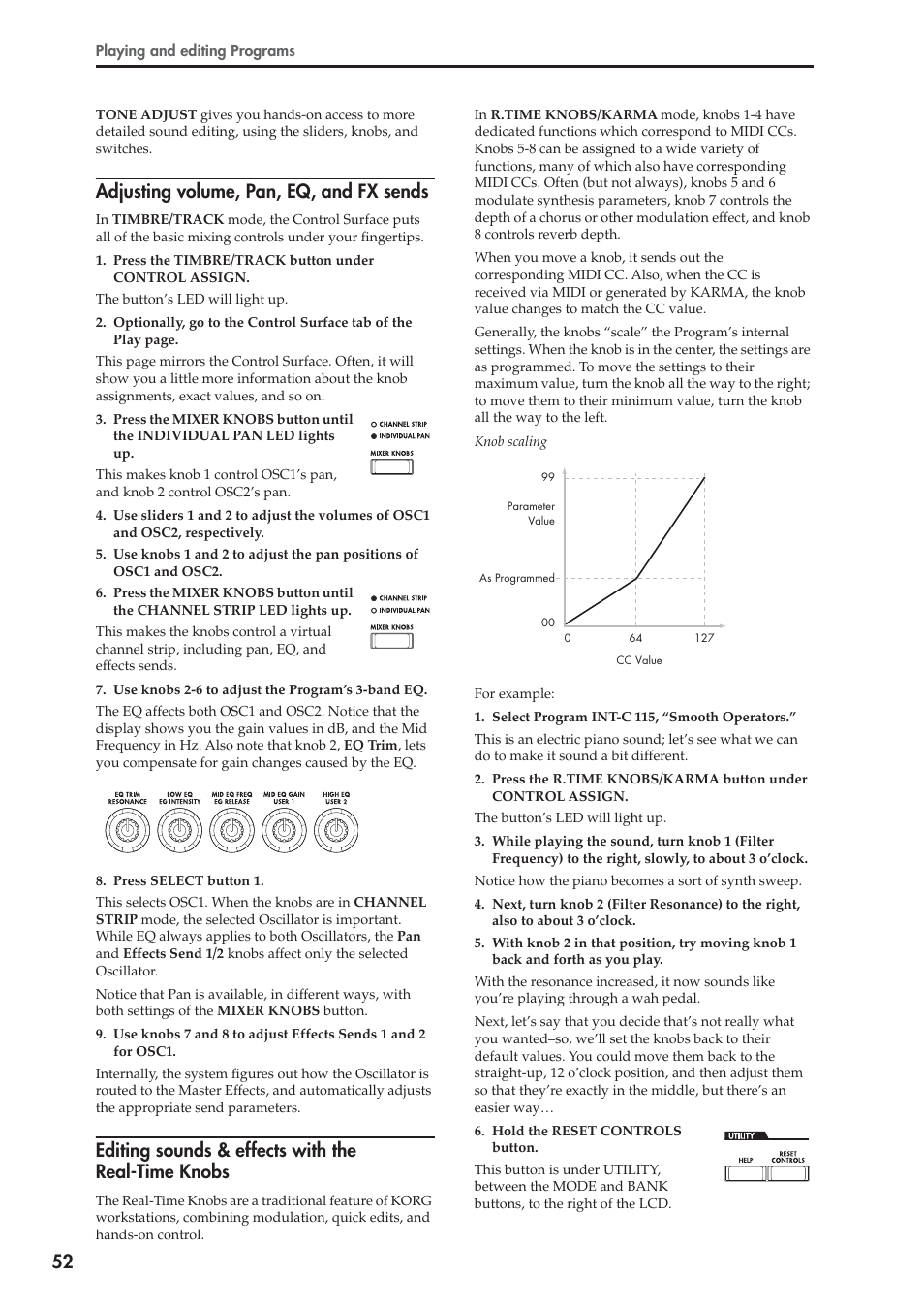 Adjusting volume, pan, eq, and fx sends, Editing sounds & effects with the real-time knobs | KORG OASYS musical instruments User Manual | Page 60 / 241