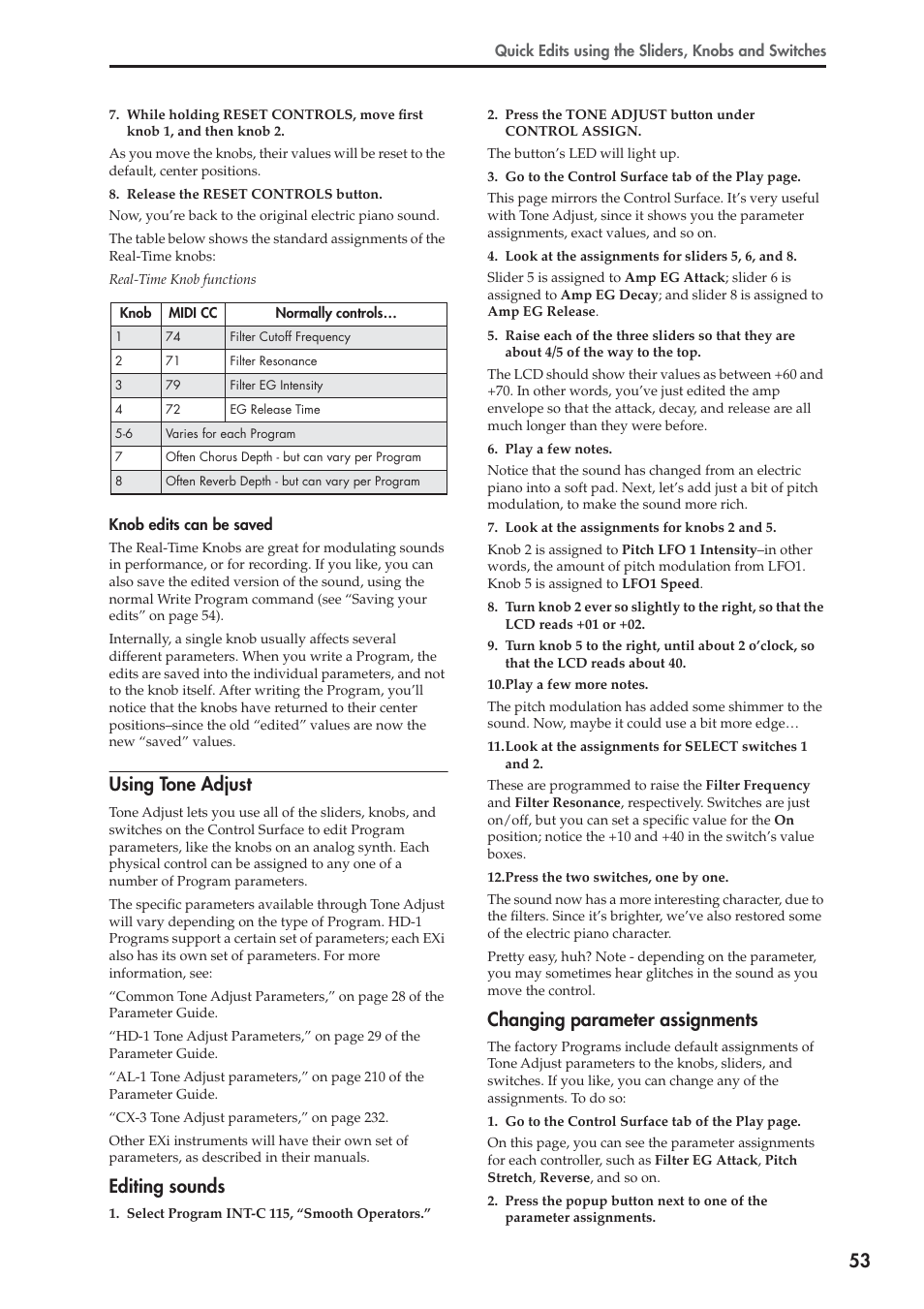 Using tone adjust, Editing sounds, Changing parameter assignments | KORG OASYS musical instruments User Manual | Page 61 / 241