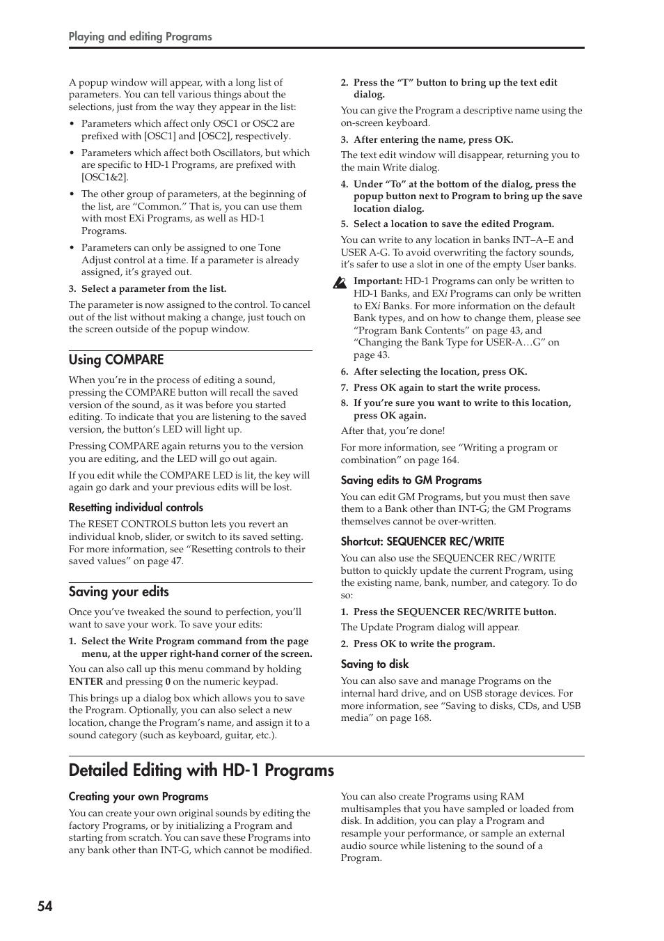 Detailed editing with hd-1 programs, Using compare, Saving your edits | KORG OASYS musical instruments User Manual | Page 62 / 241