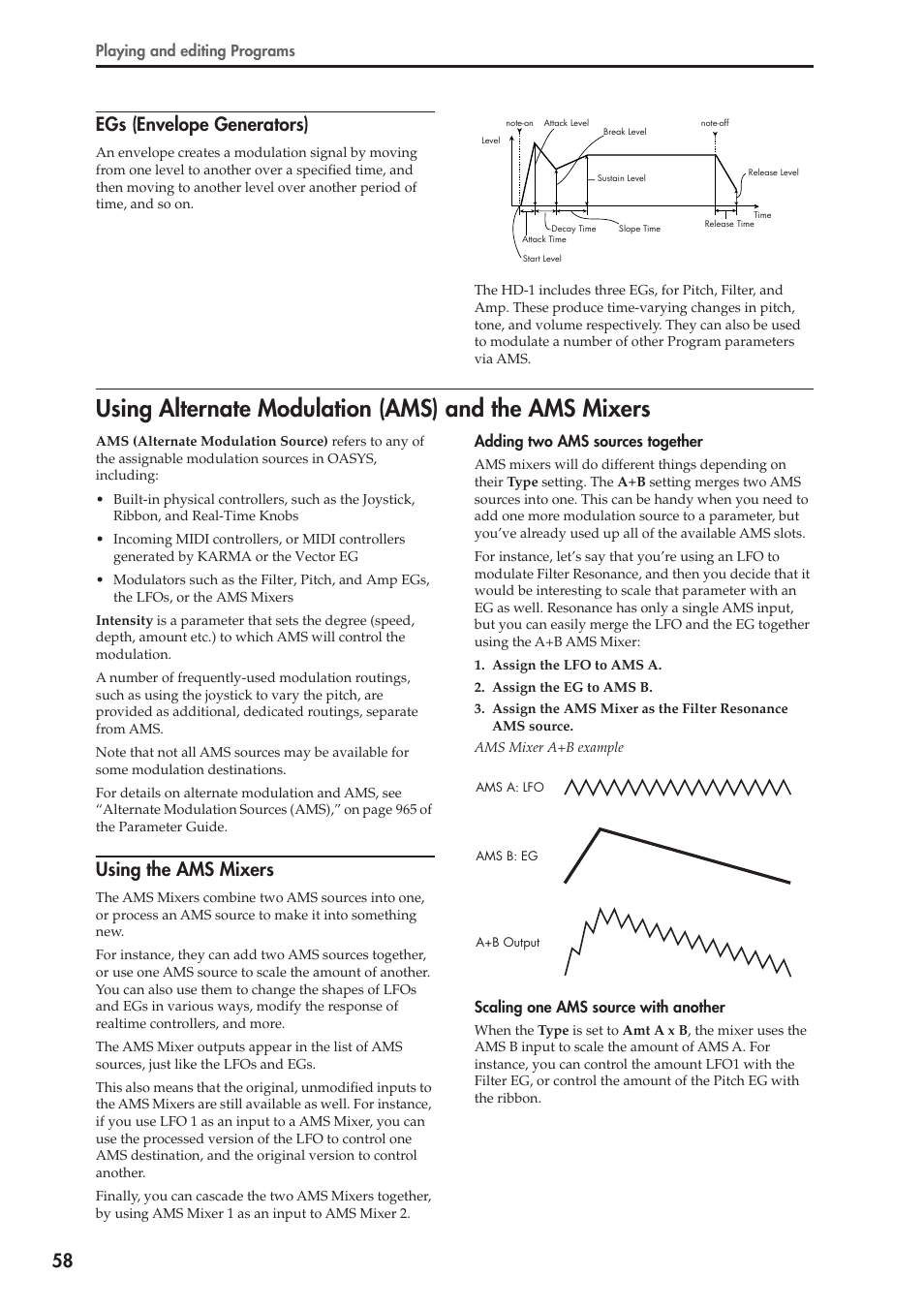 58 egs (envelope generators), Using the ams mixers | KORG OASYS musical instruments User Manual | Page 66 / 241