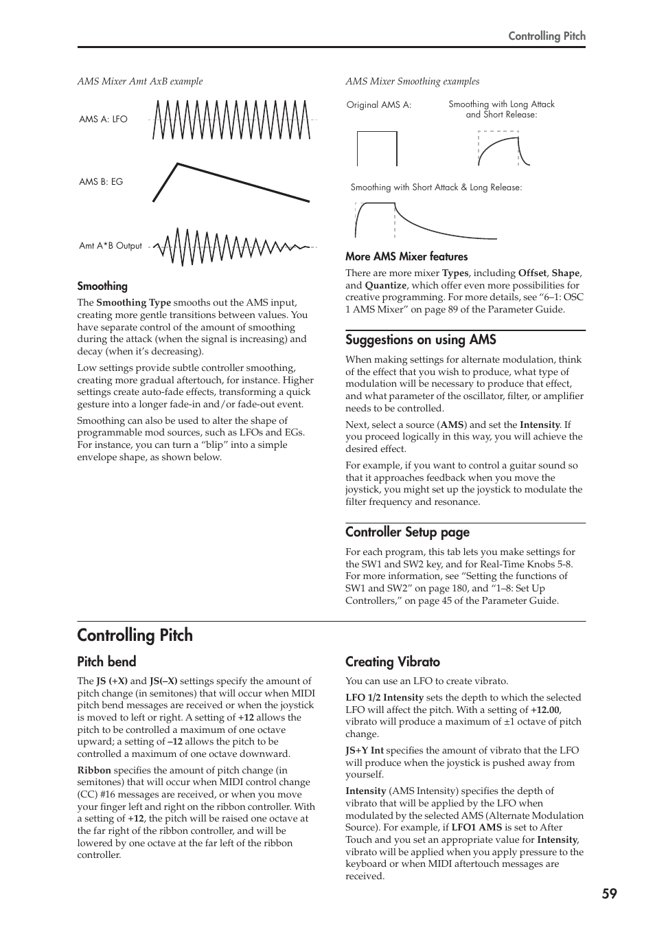 Controlling pitch, Suggestions on using ams, Controller setup page | Pitch bend, Creating vibrato | KORG OASYS musical instruments User Manual | Page 67 / 241