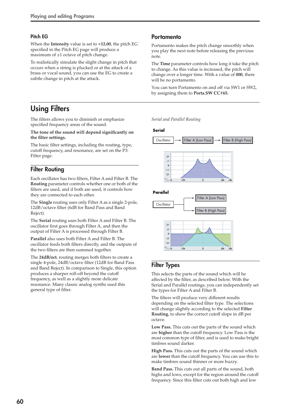 Using filters, Portamento, Filter routing | Filter types | KORG OASYS musical instruments User Manual | Page 68 / 241