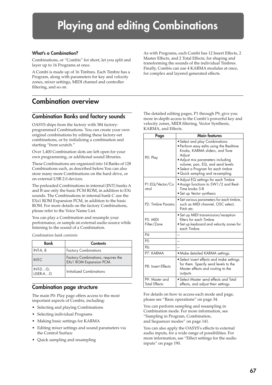 Playing and editing combinations, Combination overview, Combination banks and factory sounds | Combination page structure | KORG OASYS musical instruments User Manual | Page 75 / 241