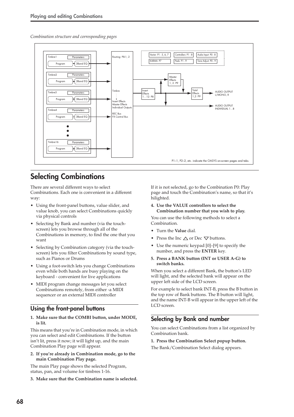 Selecting combinations, Using the front-panel buttons, Selecting by bank and number | Playing and editing combinations | KORG OASYS musical instruments User Manual | Page 76 / 241