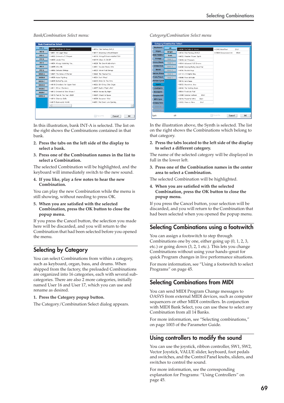 Selecting by category, Selecting combinations using a footswitch, Selecting combinations from midi | Using controllers to modify the sound | KORG OASYS musical instruments User Manual | Page 77 / 241