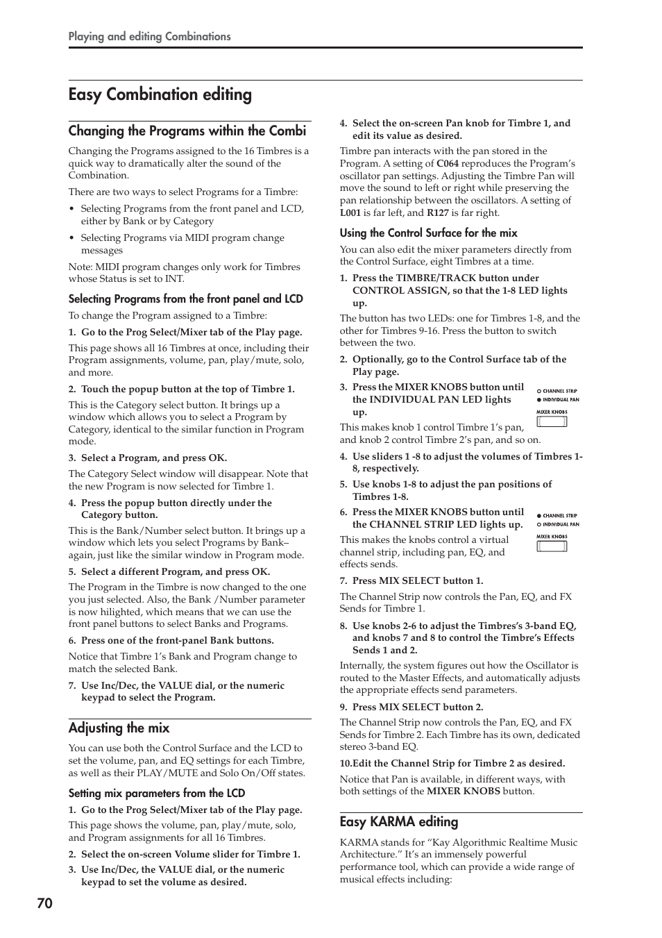 Easy combination editing, Changing the programs within the combi, Adjusting the mix | Easy karma editing | KORG OASYS musical instruments User Manual | Page 78 / 241