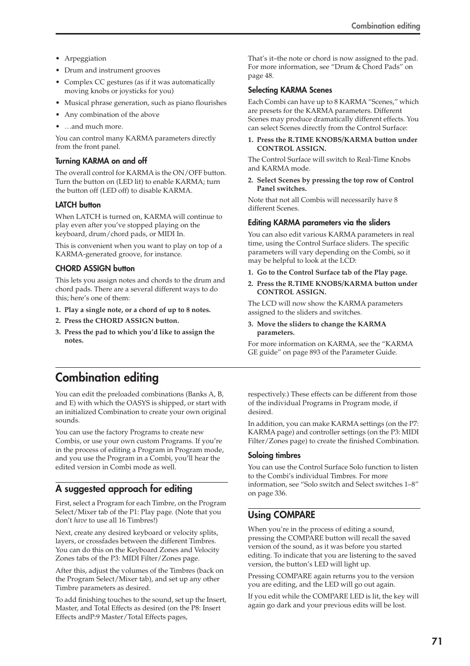 Combination editing, A suggested approach for editing, Using compare | KORG OASYS musical instruments User Manual | Page 79 / 241