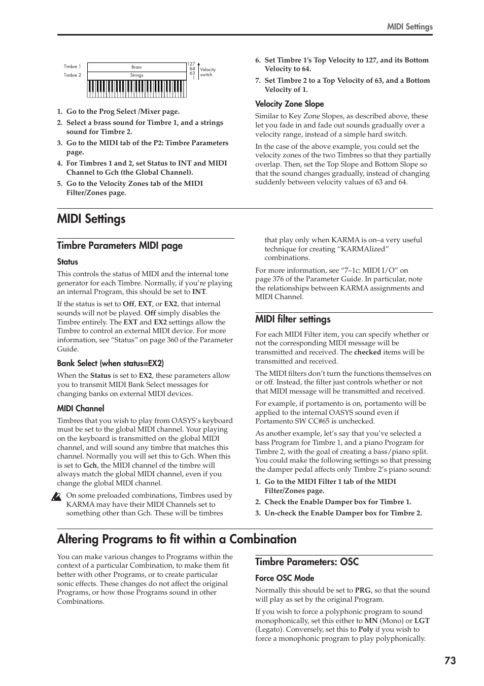 Midi settings, Altering programs to fit within a combination, Timbre parameters midi page | Midi filter settings, Timbre parameters: osc | KORG OASYS musical instruments User Manual | Page 81 / 241