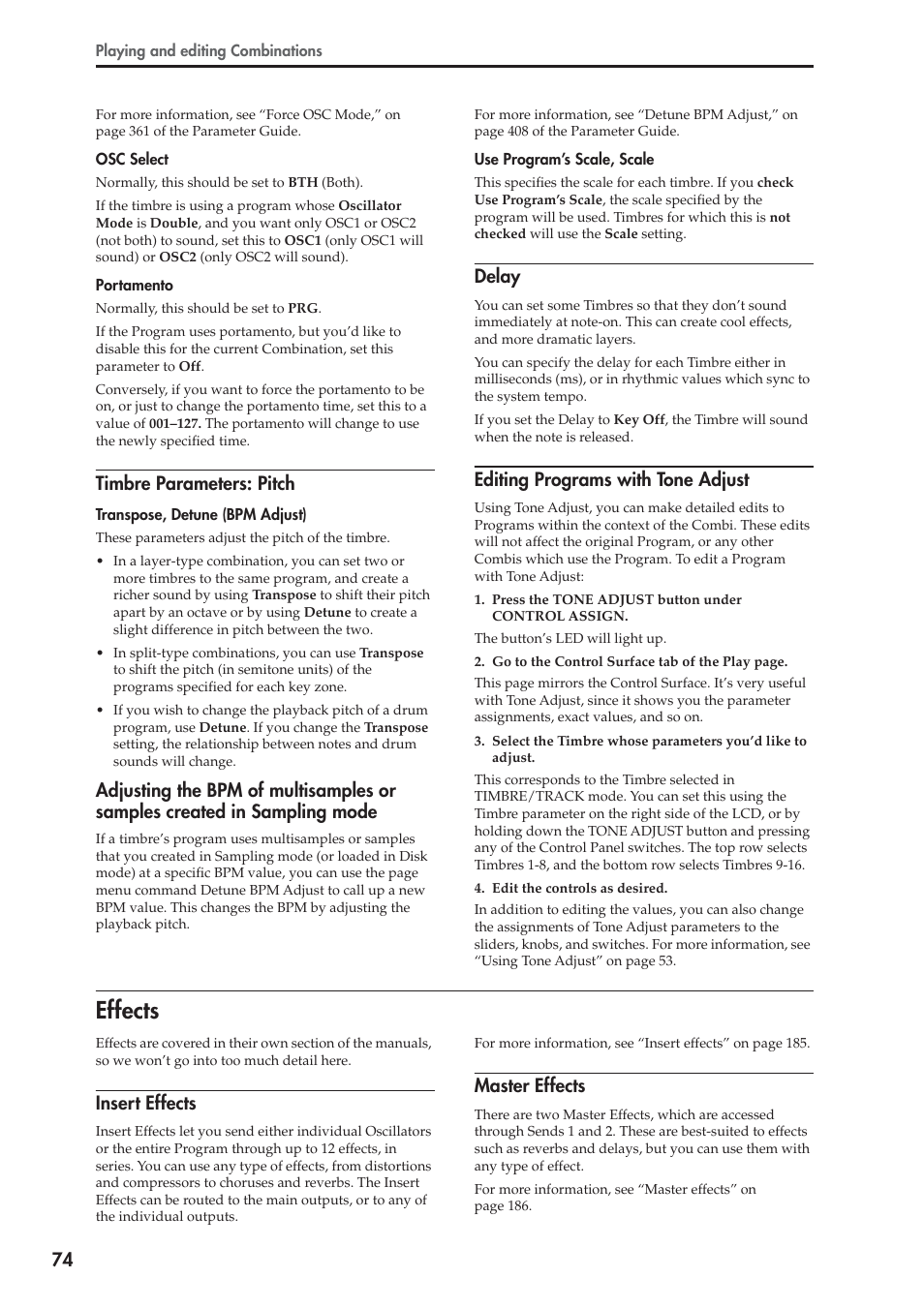 Effects, Timbre parameters: pitch, Delay | Editing programs with tone adjust, Insert effects, Master effects | KORG OASYS musical instruments User Manual | Page 82 / 241