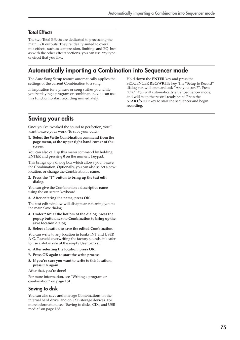 Saving your edits, 75 total effects, Saving to disk | KORG OASYS musical instruments User Manual | Page 83 / 241