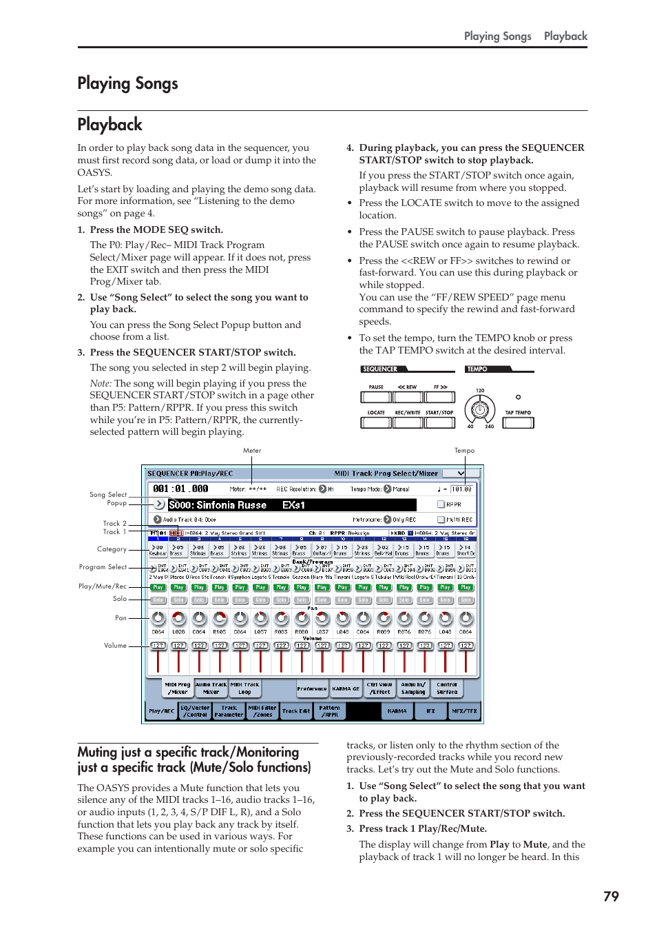 Playing songs, Playback, Playing songs playback | KORG OASYS musical instruments User Manual | Page 87 / 241