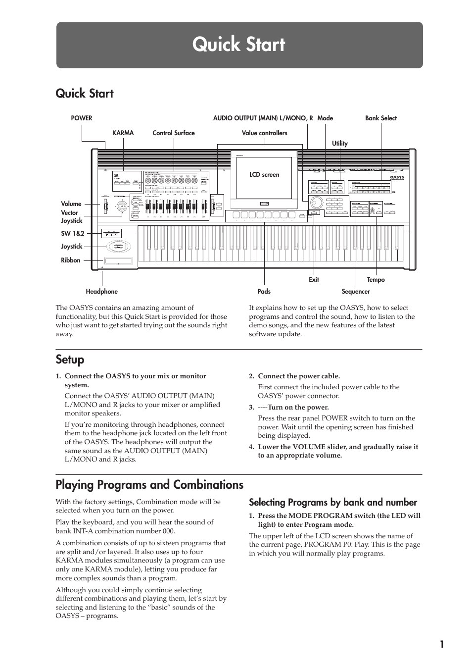 Quick start, Setup, Playing programs and combinations | Setup playing programs and combinations, Selecting programs by bank and number | KORG OASYS musical instruments User Manual | Page 9 / 241