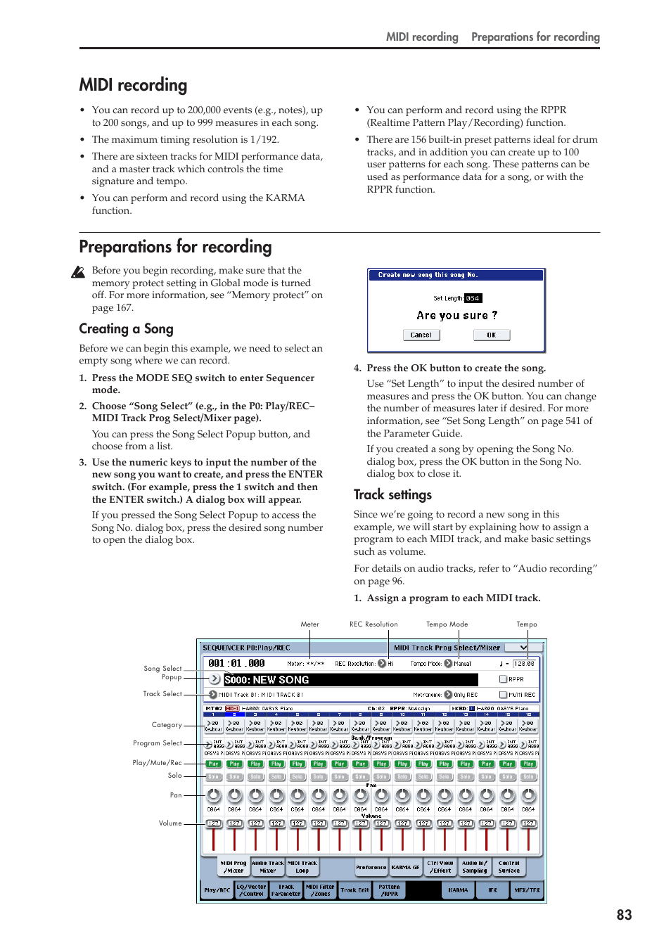 Midi recording, Preparations for recording, Creating a song | Track settings | KORG OASYS musical instruments User Manual | Page 91 / 241