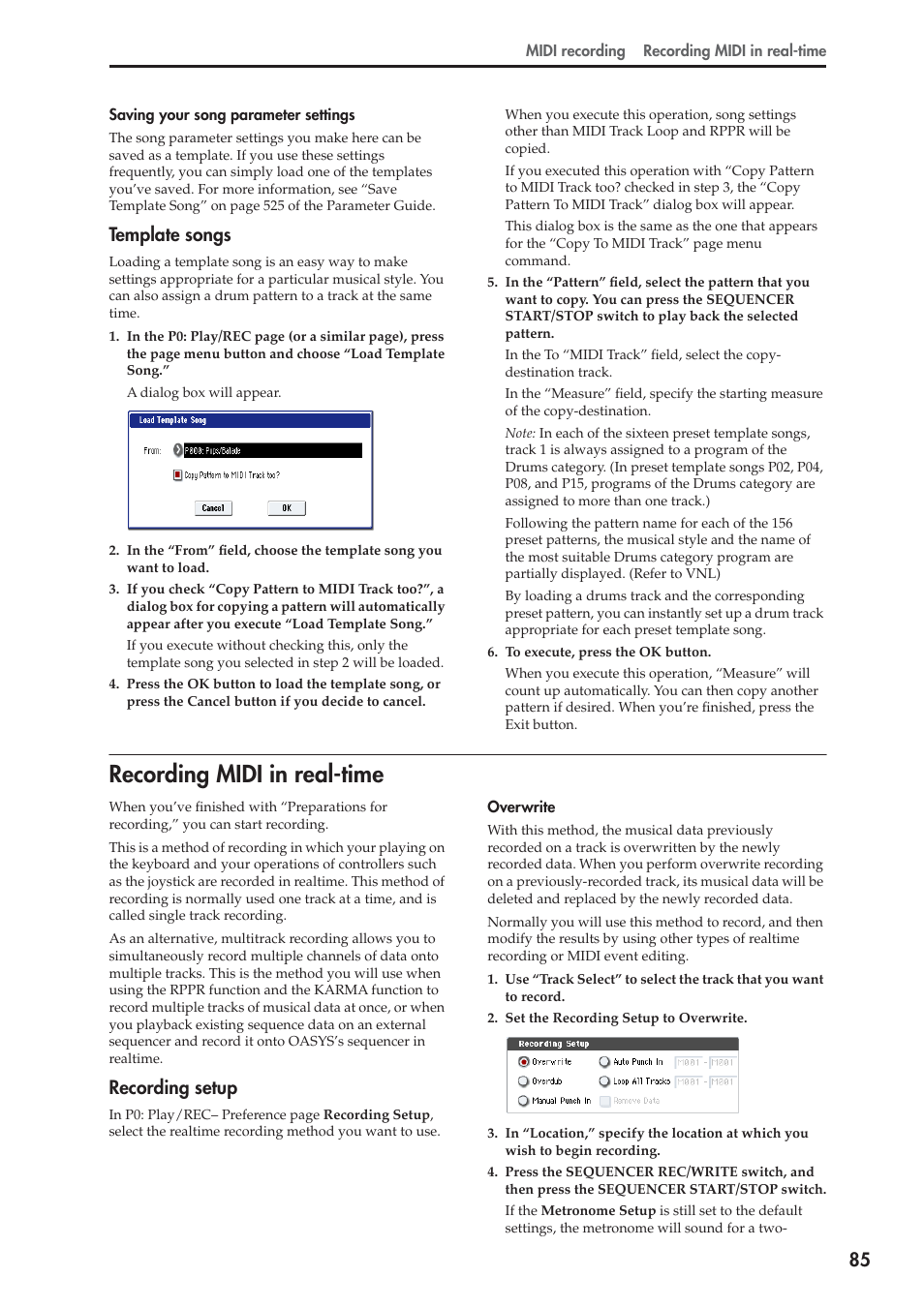 Recording midi in real-time, Template songs, Recording setup | KORG OASYS musical instruments User Manual | Page 93 / 241