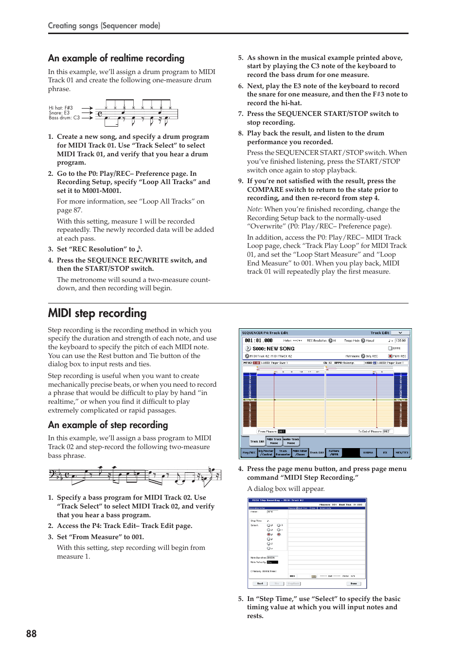 Midi step recording, 88 an example of realtime recording, An example of step recording | KORG OASYS musical instruments User Manual | Page 96 / 241