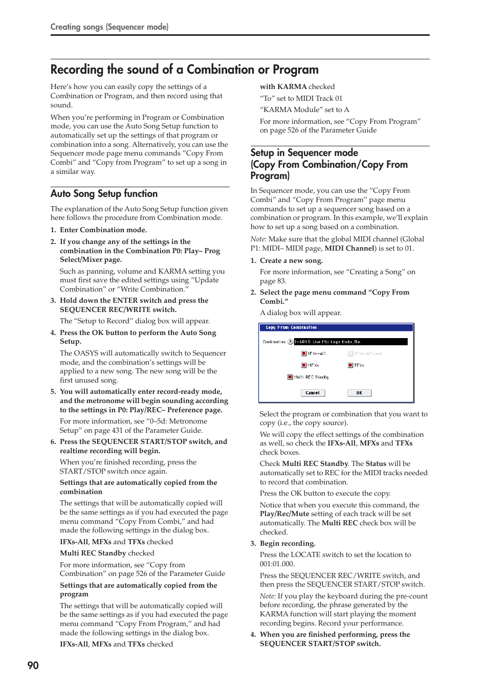 Recording the sound of a combination or program, Auto song setup function | KORG OASYS musical instruments User Manual | Page 98 / 241