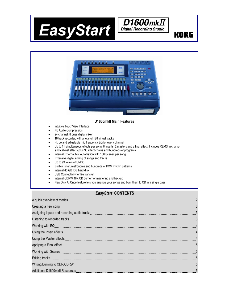 KORG EASYSTART D1600MKII User Manual | 5 pages