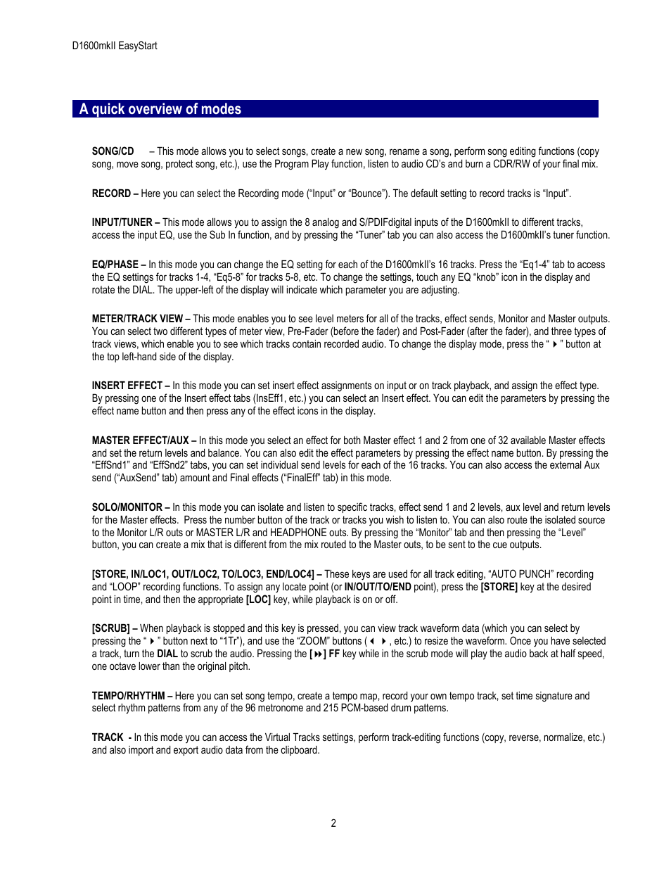 A quick overview of modes | KORG EASYSTART D1600MKII User Manual | Page 2 / 5