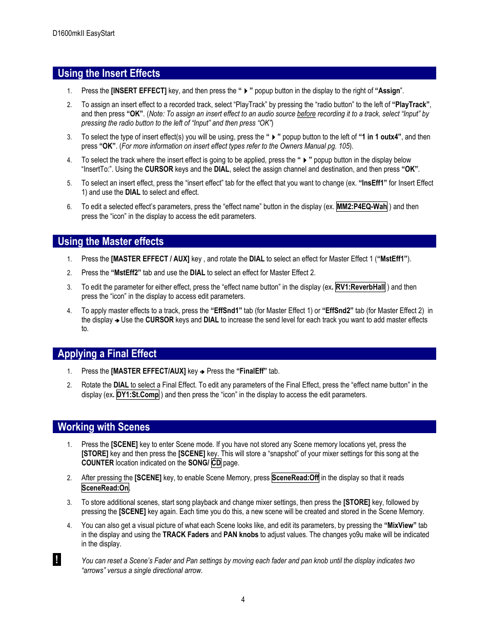 Using the insert effects, Using the master effects, Applying a final effect | Working with scenes | KORG EASYSTART D1600MKII User Manual | Page 4 / 5