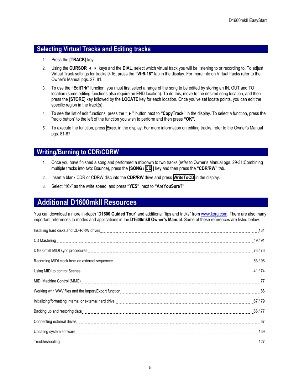 Additional d1600mkii resources, Selecting virtual tracks and editing tracks, Writing/burning to cdr/cdrw | KORG EASYSTART D1600MKII User Manual | Page 5 / 5