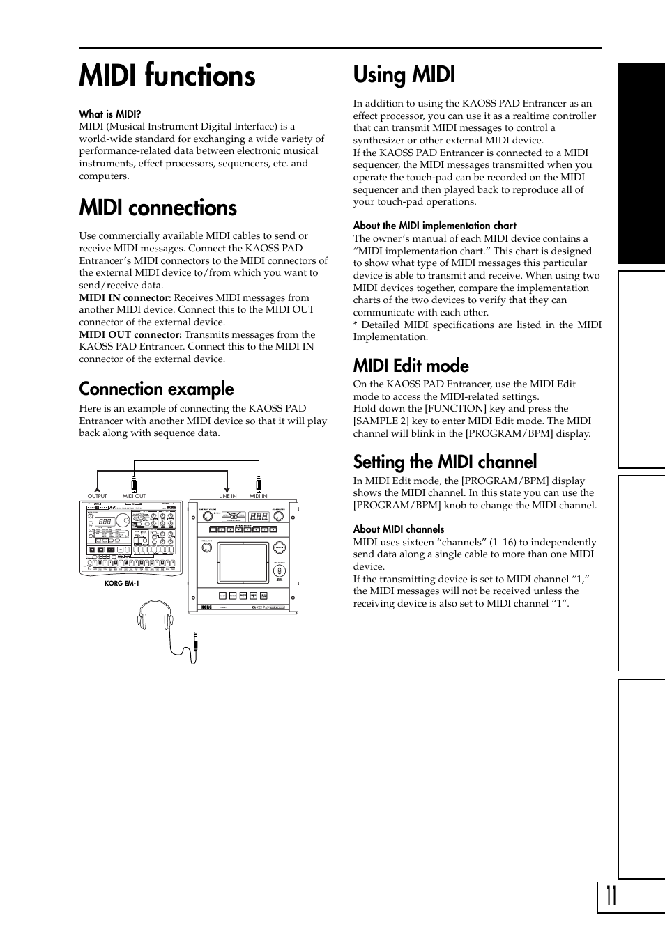 Midi functions, Using midi, Midi connections | Midi edit mode, Setting the midi channel, Connection example | KORG KAOSS PAD Entrancer User Manual | Page 13 / 70