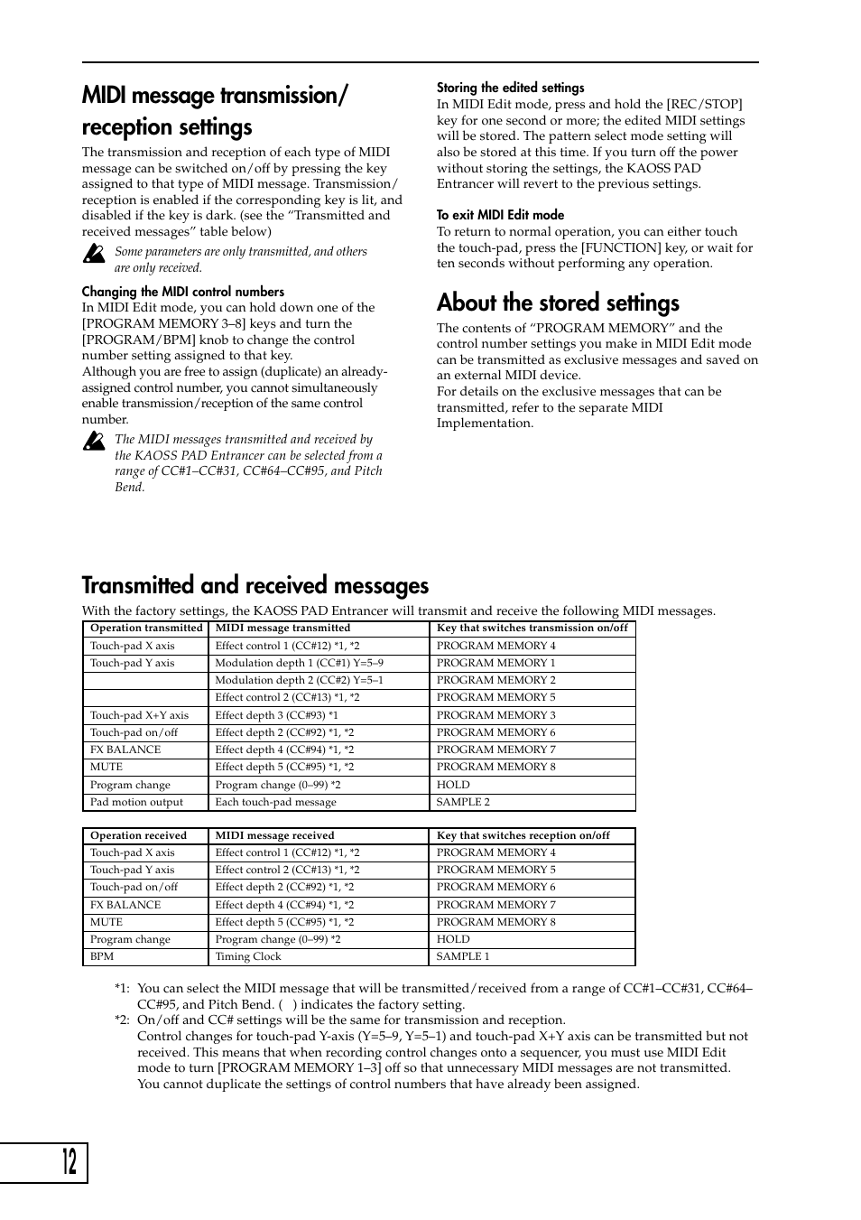 Midi message transmission/ reception settings, About the stored settings, Transmitted and received messages | KORG KAOSS PAD Entrancer User Manual | Page 14 / 70