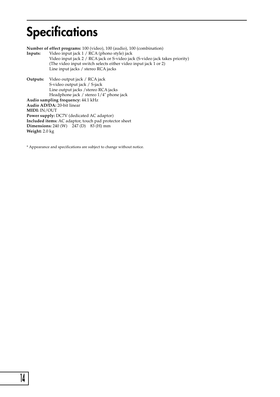 Specifications | KORG KAOSS PAD Entrancer User Manual | Page 16 / 70