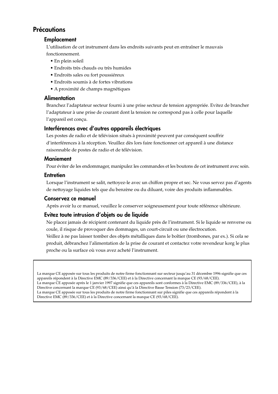 Français, Précautions | KORG KAOSS PAD Entrancer User Manual | Page 18 / 70