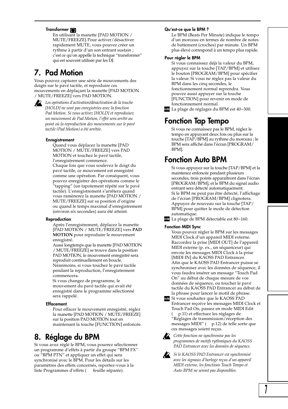 Pad motion, Réglage du bpm, Fonction tap tempo | Fonction auto bpm | KORG KAOSS PAD Entrancer User Manual | Page 25 / 70