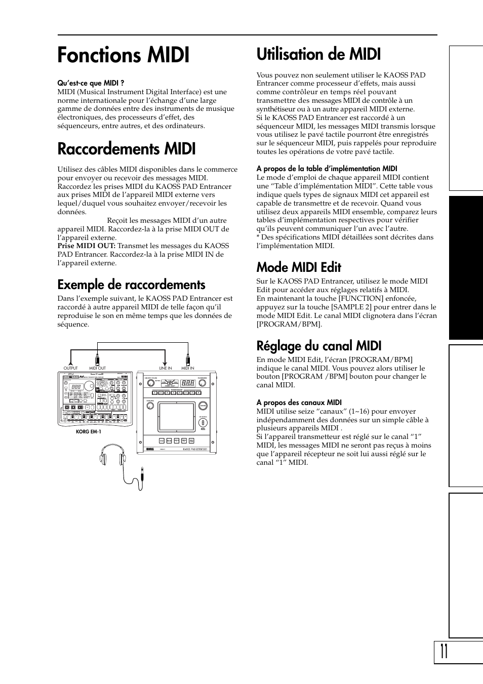 Fonctions midi, Utilisation de midi, Raccordements midi | Mode midi edit, Réglage du canal midi, Exemple de raccordements | KORG KAOSS PAD Entrancer User Manual | Page 29 / 70