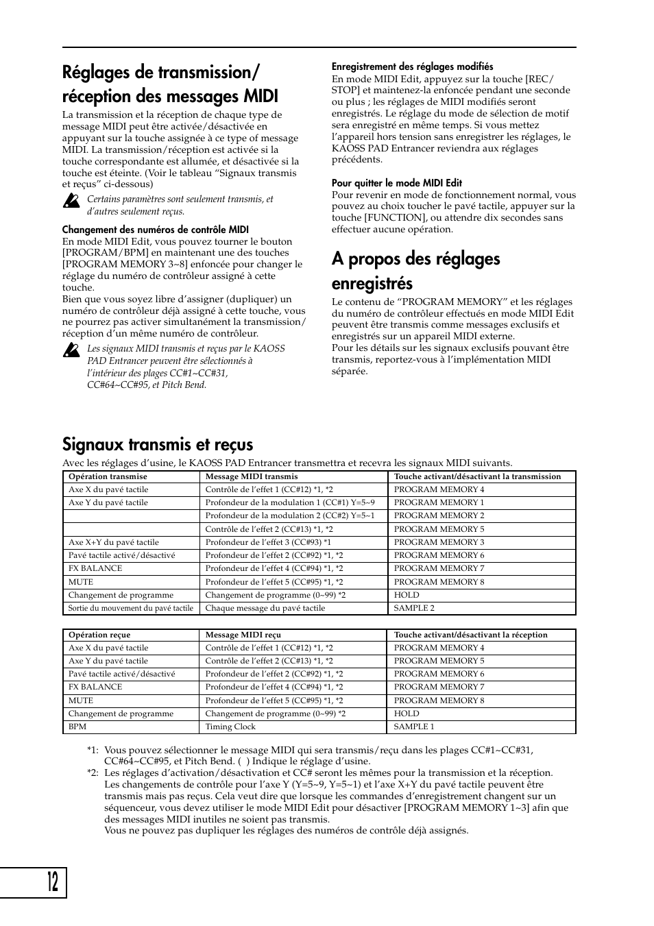 A propos des réglages enregistrés, Signaux transmis et reçus | KORG KAOSS PAD Entrancer User Manual | Page 30 / 70